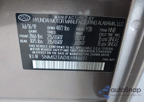 2020 Hyundai Santa Fe Se from USA, damaged, VIN 5NMS23AD1LH146692